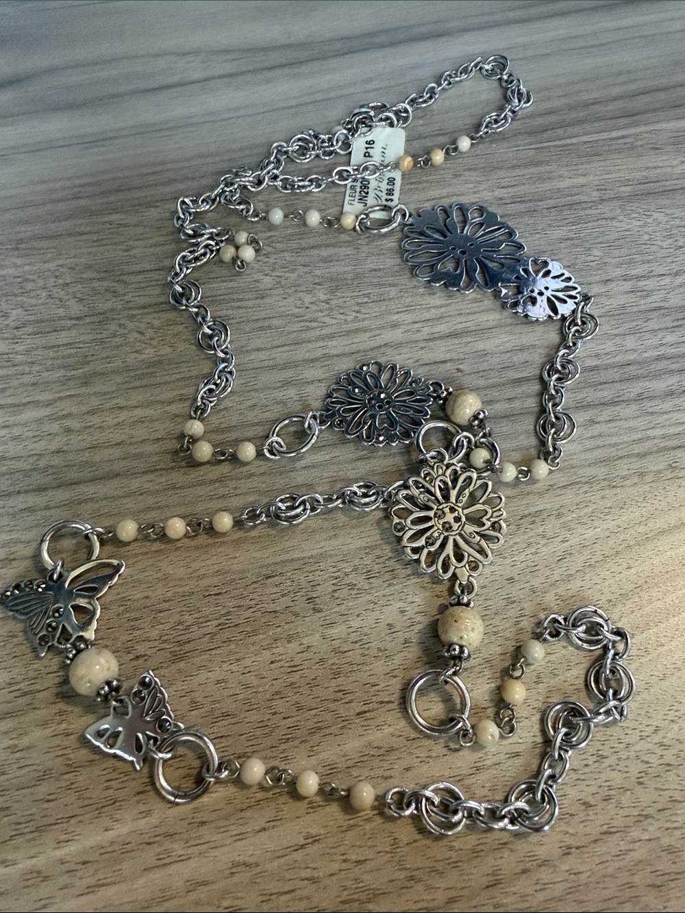 Brighton Silver Floral Necklace with Cream Beads